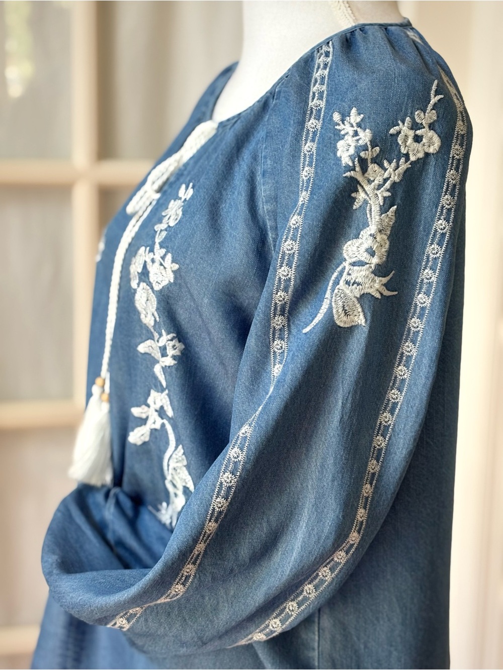 Nanette Lepore Embroidered Lyocell Chambray Peasant Blouse | Small - Picture 2 of 8